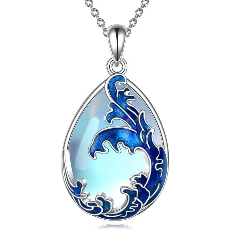Blue heart-shaped alloy pendant necklace for women showing moonstone colour finish.