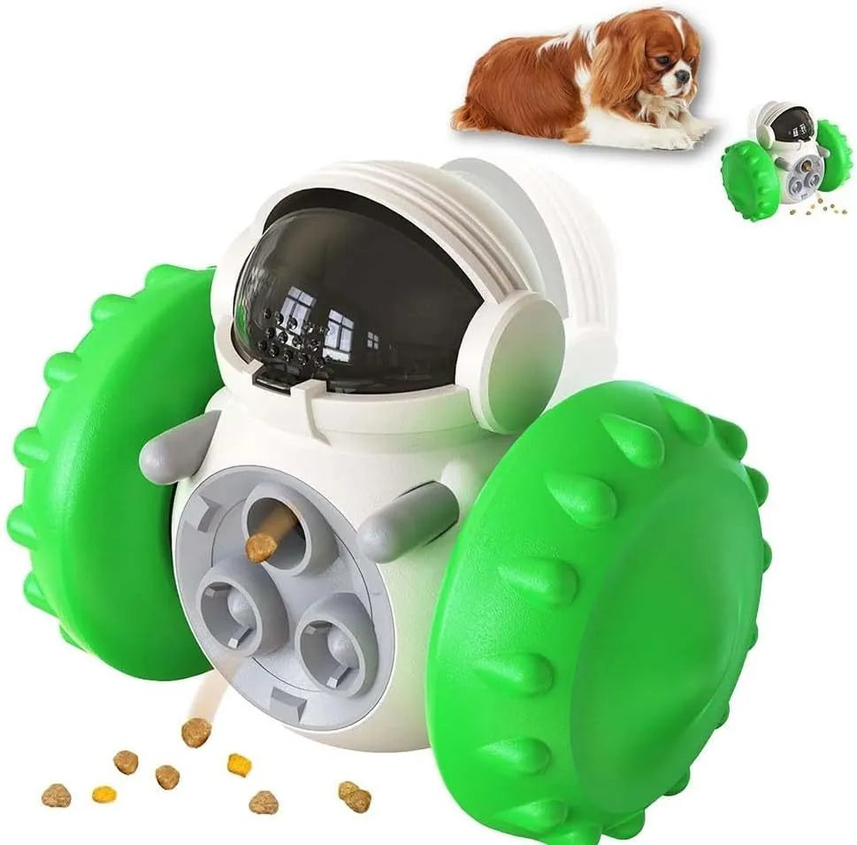 Self-balancing tumbler puzzle toy for small dogs with robot appearance and slow feeder design