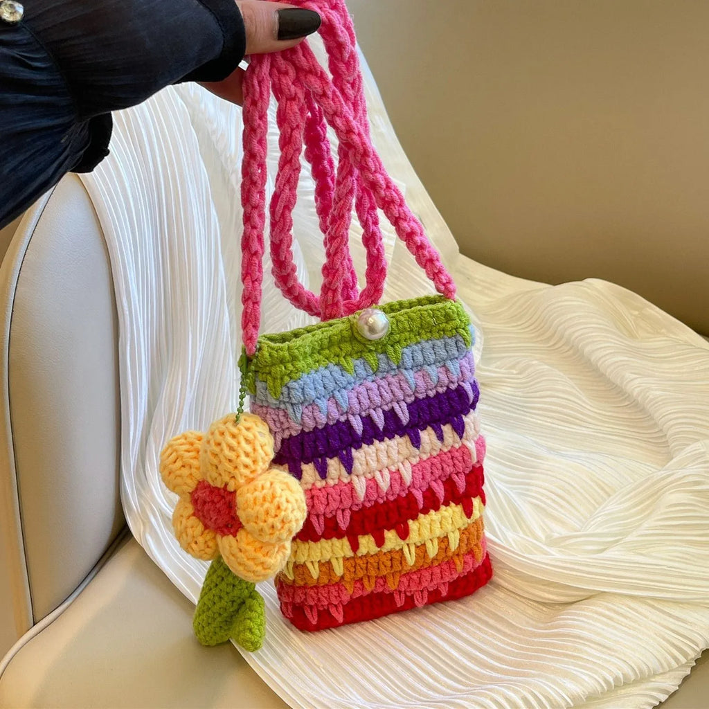 Plush flower pendant shoulder bag for mobile phones in red and pink colour options, showing 12x17cm size.