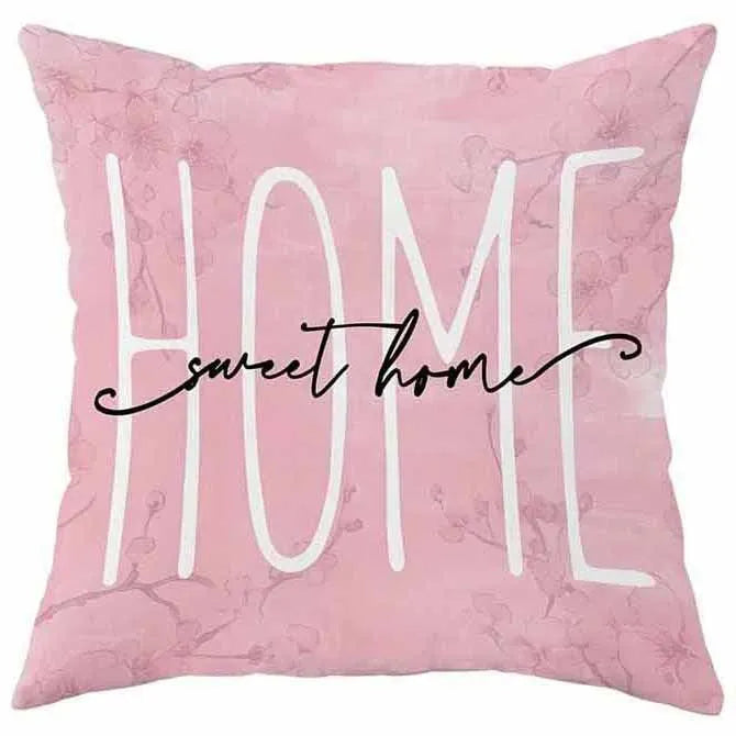 Short velvet cushion cover with spring cherry blossom and letter design, 45x45cm.