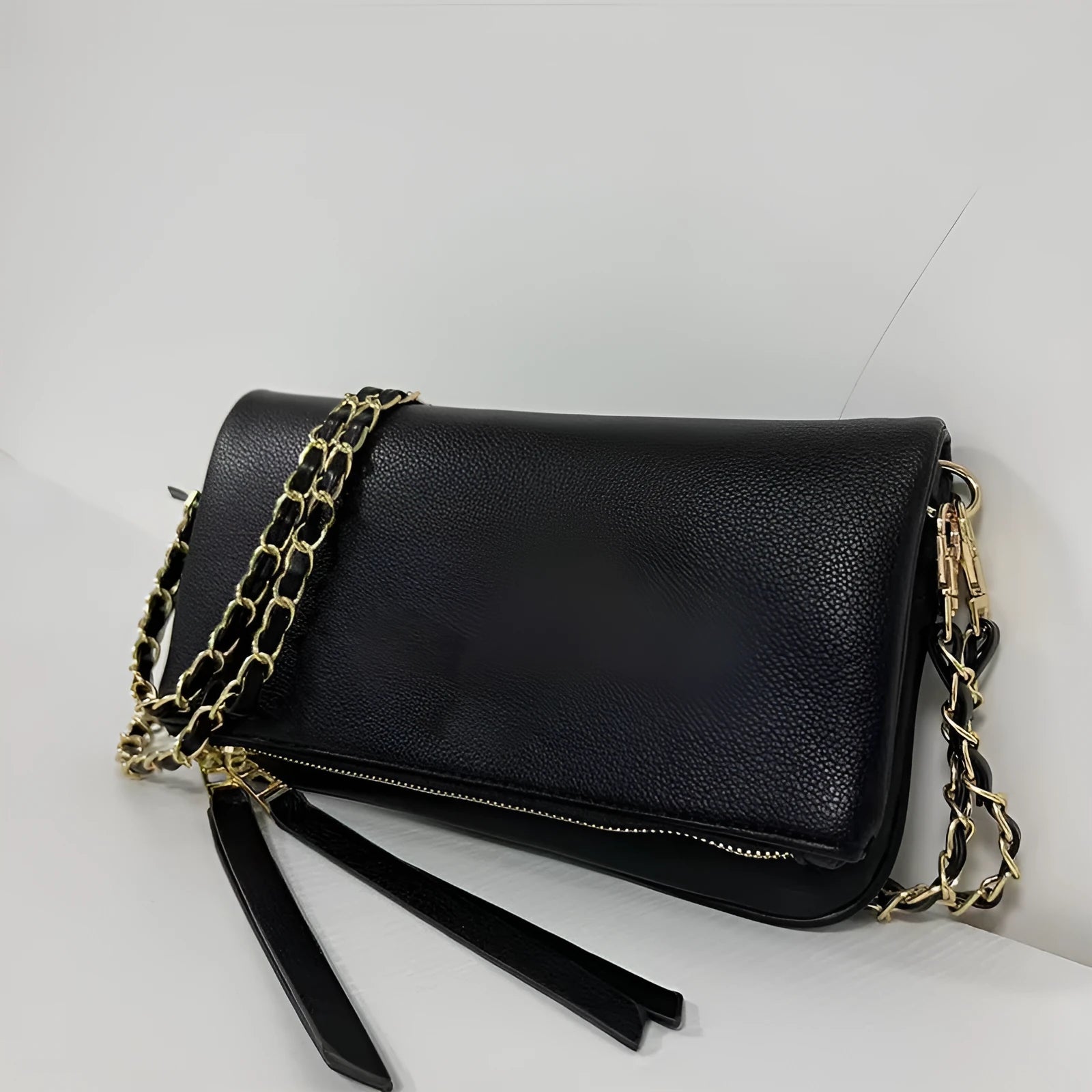 Women's black chain folding clutch messenger bag with detachable strap and gold hardware
