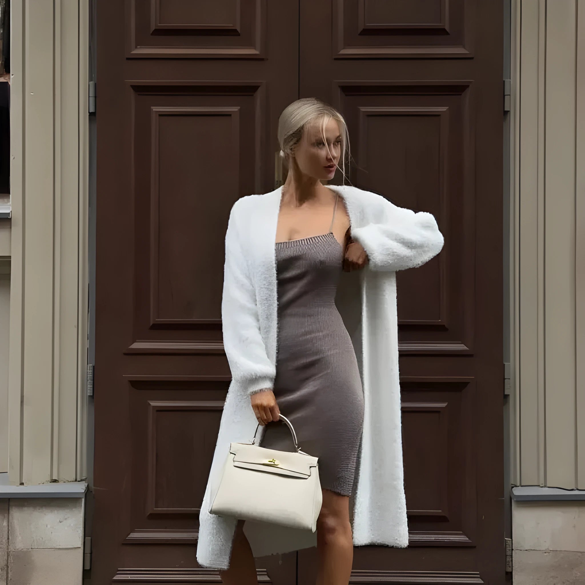 White oversized knitted cardigan jacket with long sleeves on a model.