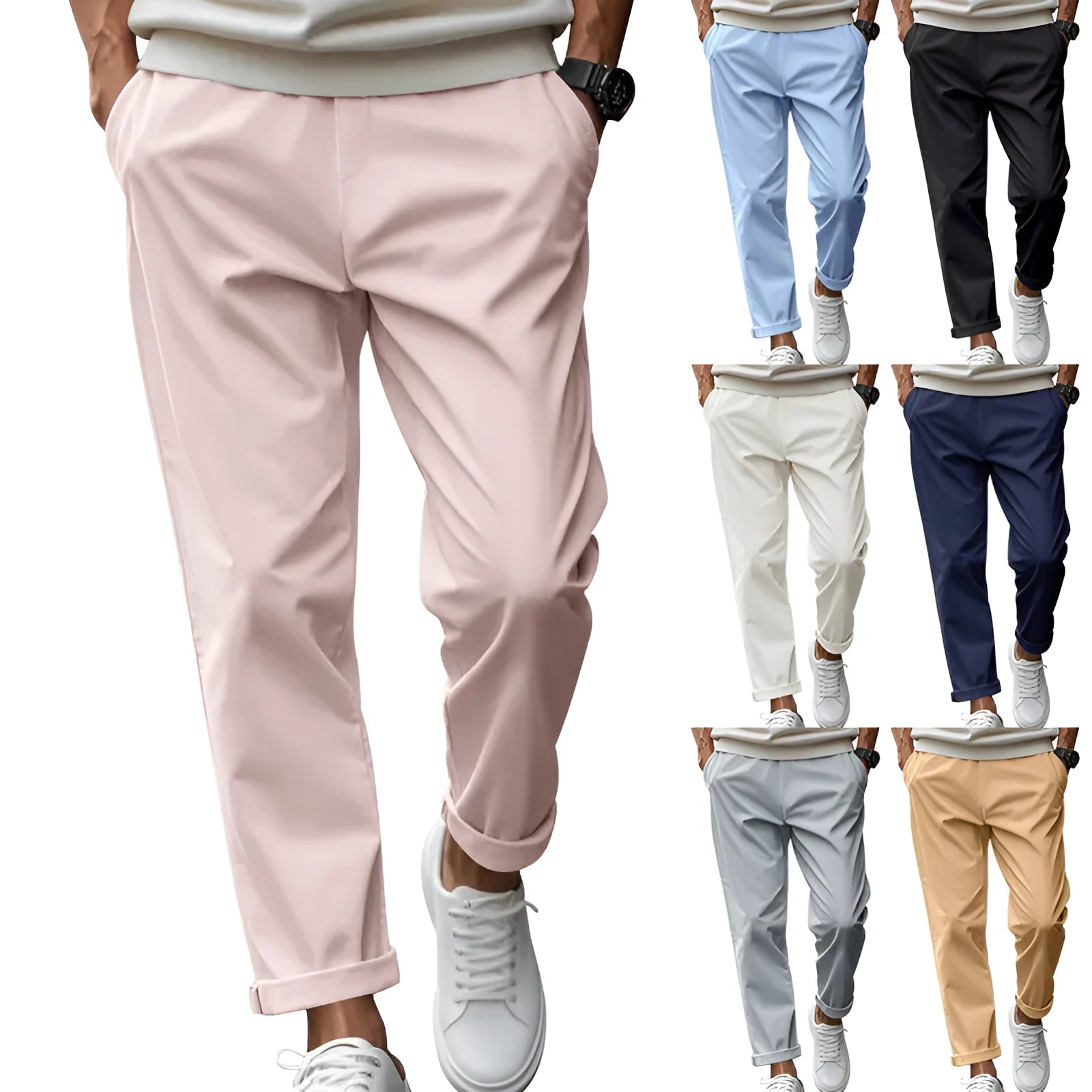Men's loose fit drawstring trousers in solid colour Beige, side view showing straight leg and mid-waist drawstring closure.