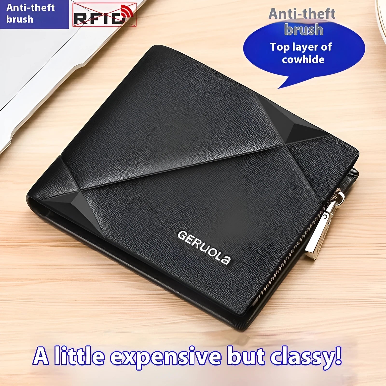 Men's brown leather zip wallet with rhombus pattern and anti-theft card protection