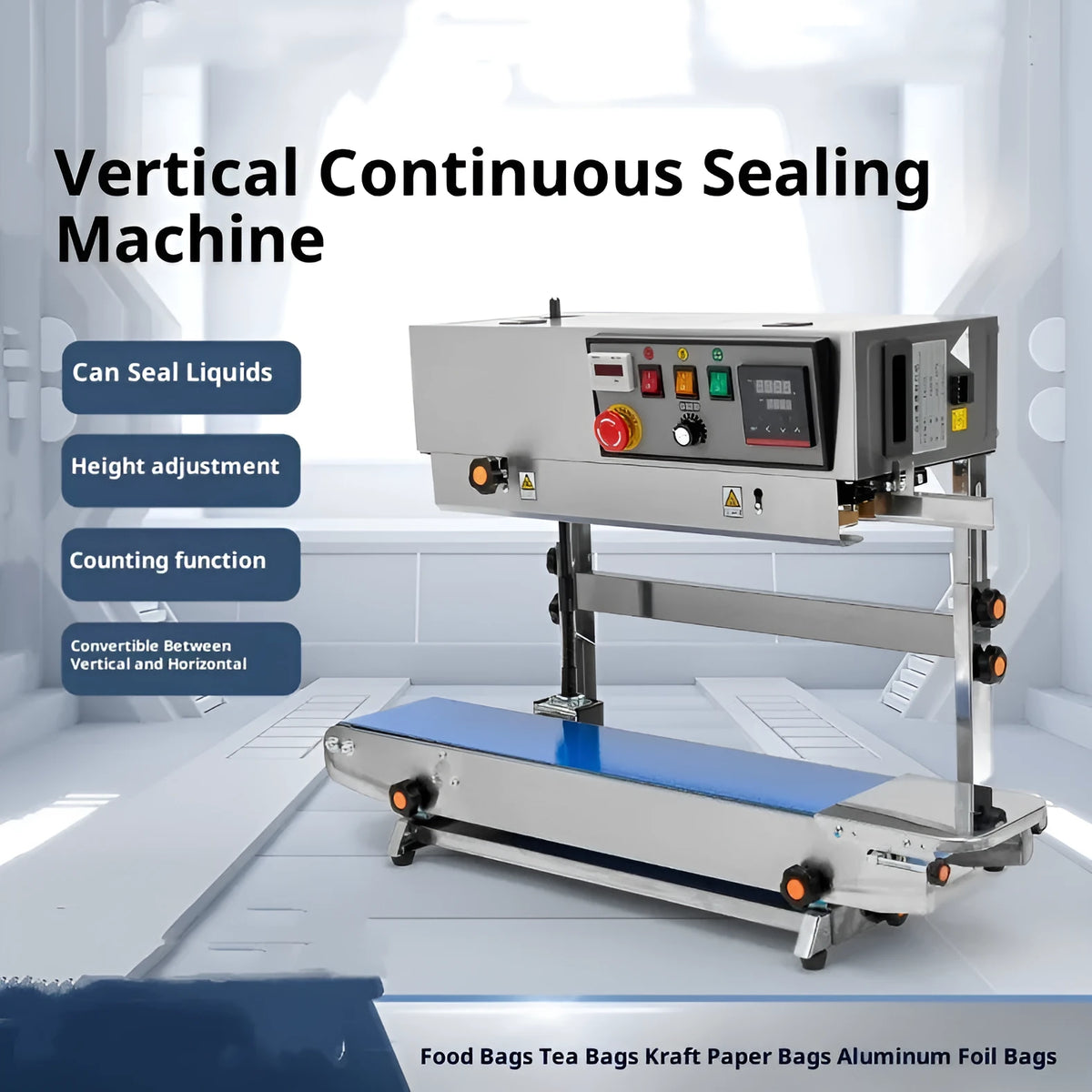 FR-900 vertical automatic continuous sealing machine for plastic Kraft foil vacuum bags, 820 x 385 x 310 mm