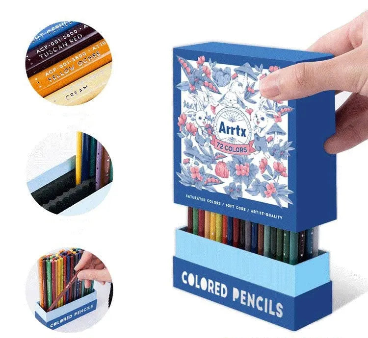 Set of 72 or 126 soft core coloured pencils in a box, with basswood barrels, for art students.