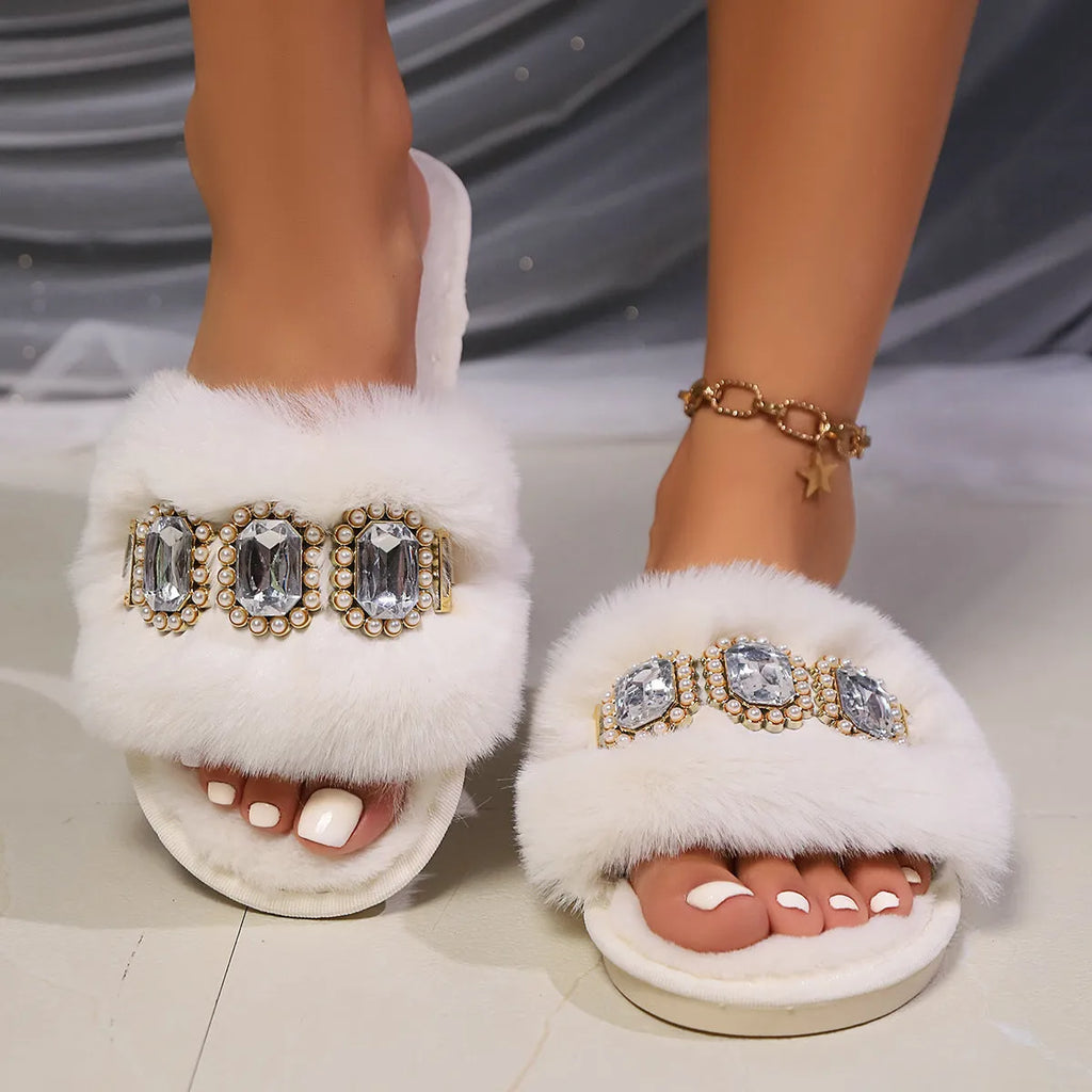 Women's fluffy plush slippers with pearl rhinestone chain, round toe, rubber sole, milky white