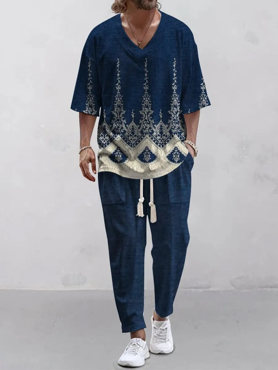 V-neck cropped sleeve trousers suit set in thin polyester fabric, shown in colour G98P018.