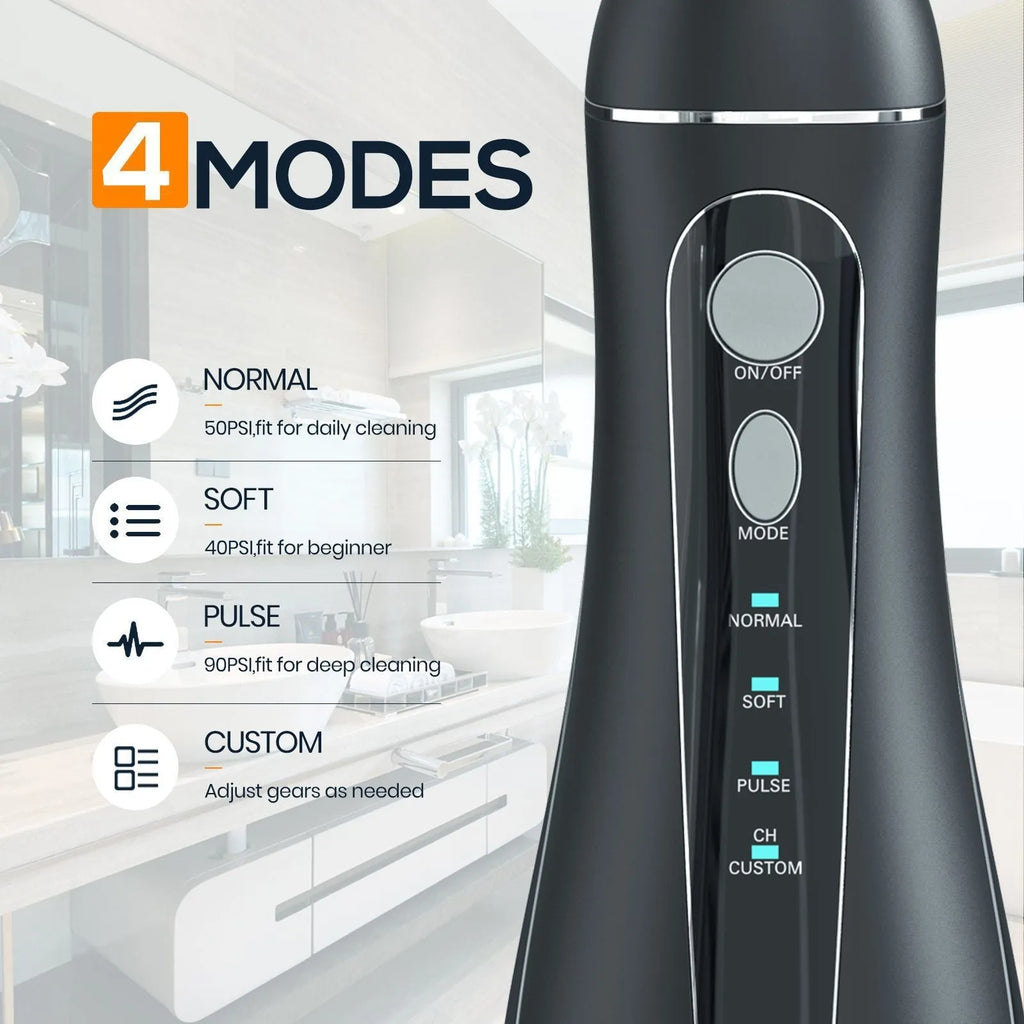 Black portable oral irrigator with water reservoir and nozzle for adult dental cleaning