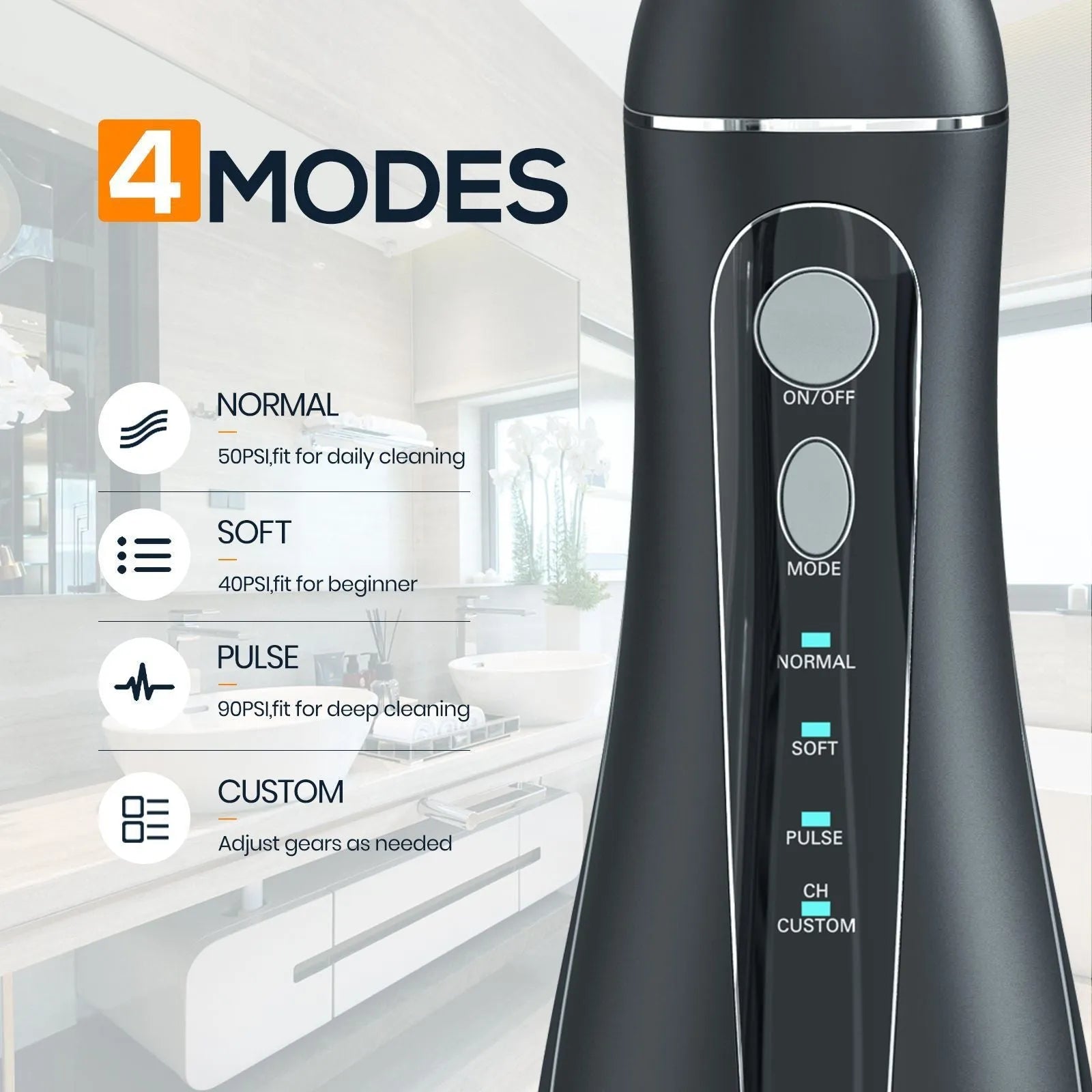 Black portable oral irrigator with water reservoir and nozzle for adult dental cleaning