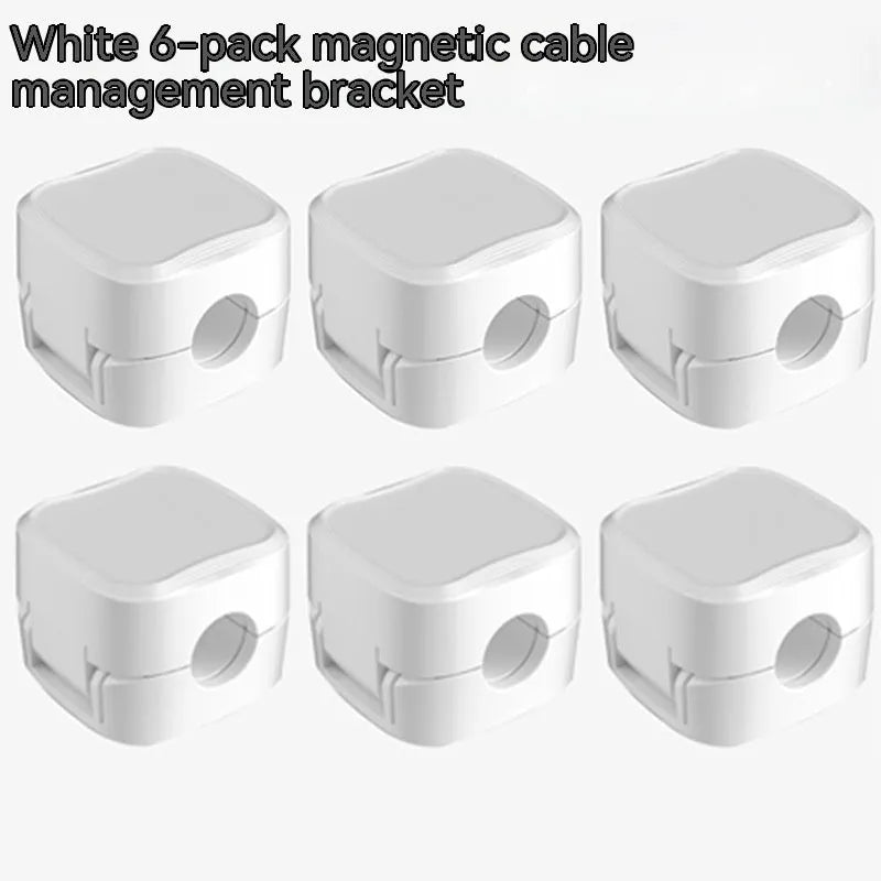 Black and white magnetic cable clips with adhesive backing for under desk cable management.