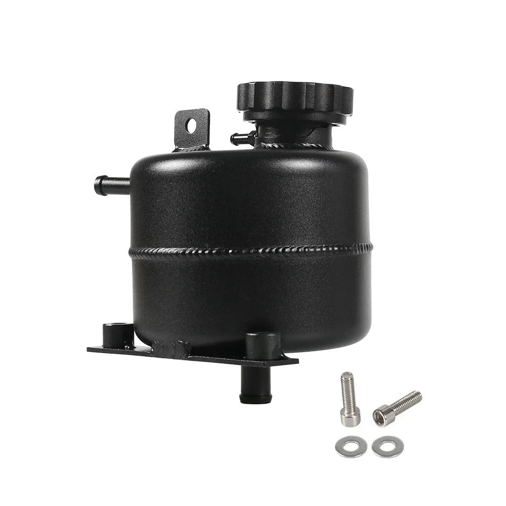 Polished aluminum alloy coolant tank direct replacement for BMW Mini, black colour option, in engine bay