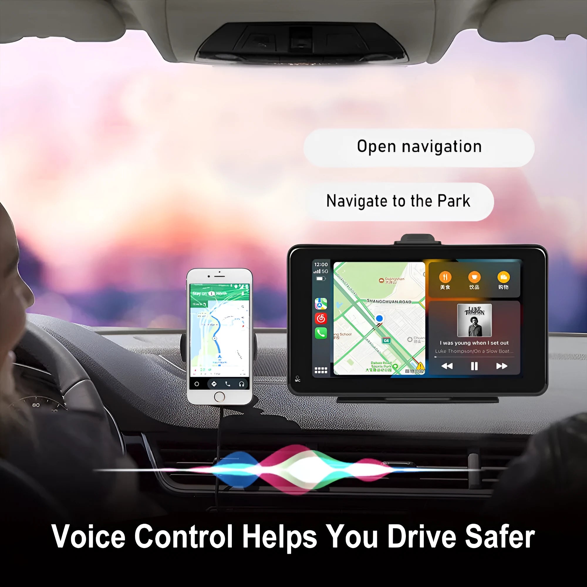7 inch HD wired wireless media player screen with universal mounting brackets and cables on a dashboard