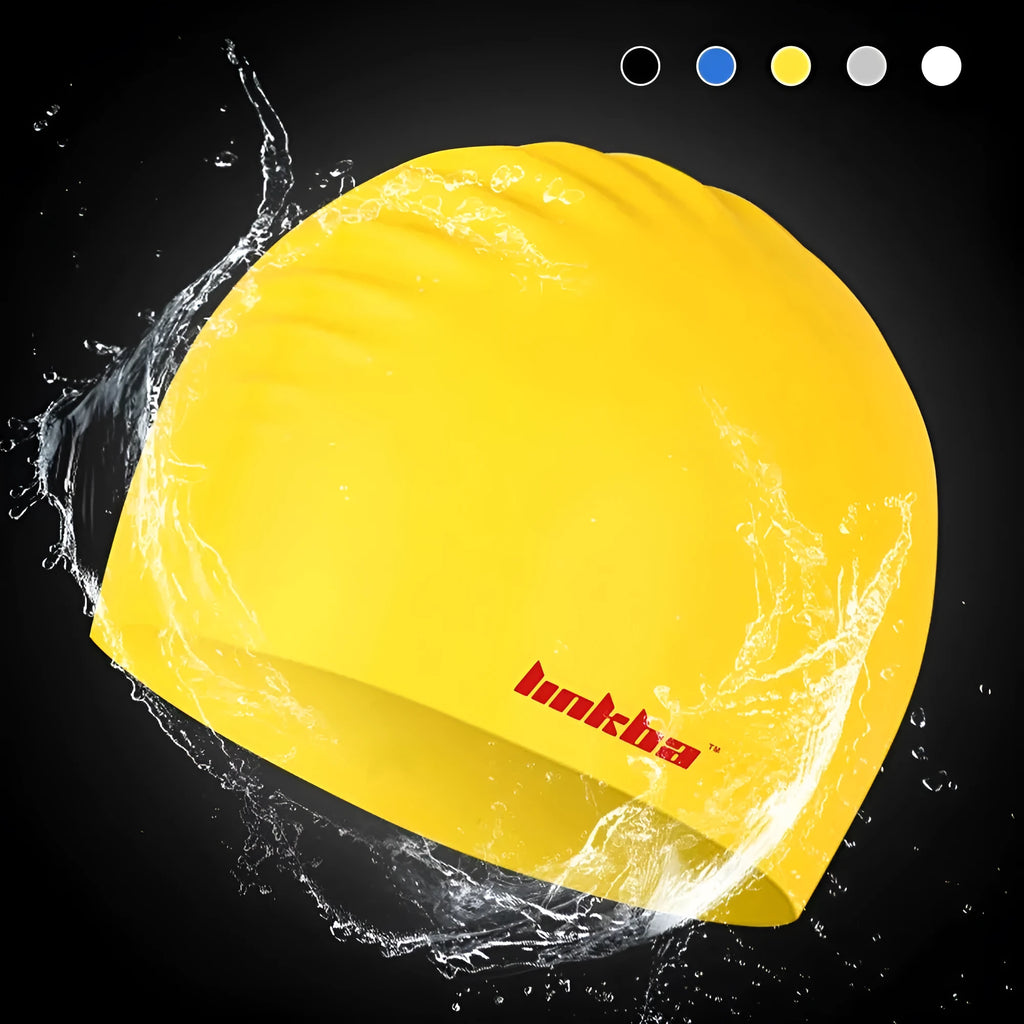 Silicone swimming cap with waterproof earmuffs shown in multiple colour options.