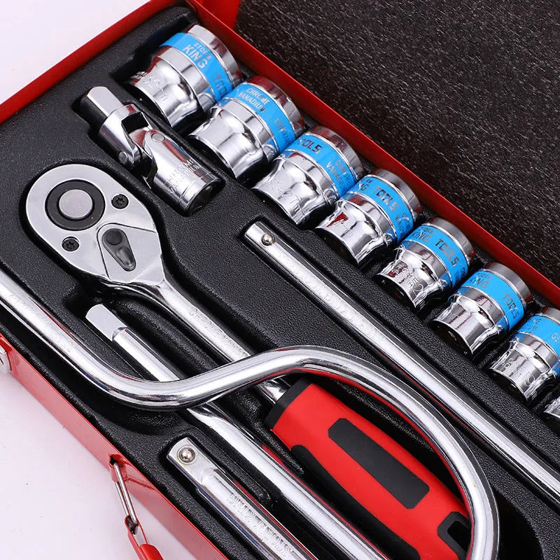 24-piece curved bow car repair wrench set in storage case with chrome vanadium steel sockets