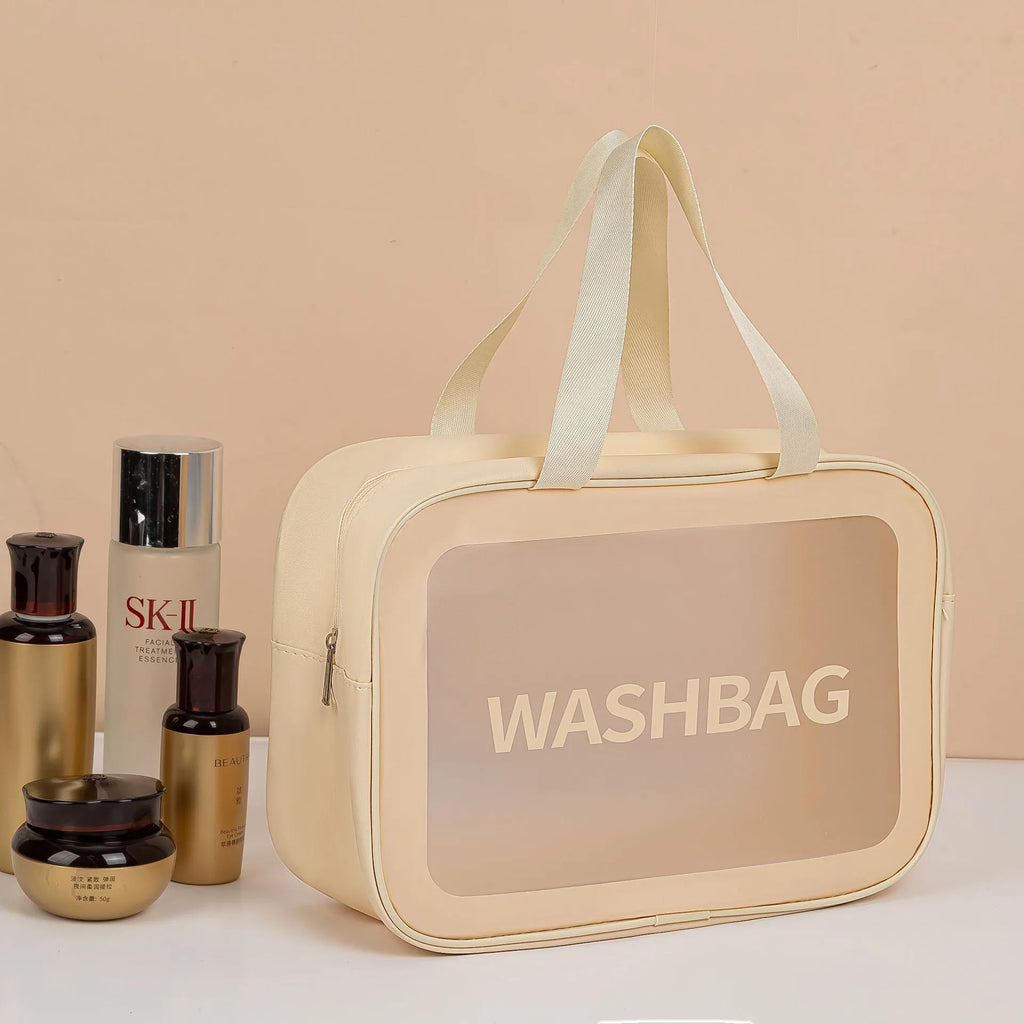 Set of three transparent PVC wash bags in large, medium and small sizes for cosmetics and hygiene storage