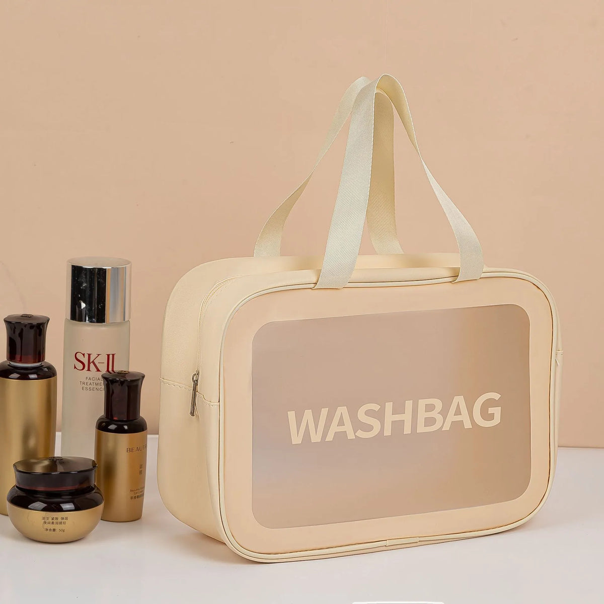 Set of three transparent PVC wash bags in large, medium and small sizes for cosmetics and hygiene storage