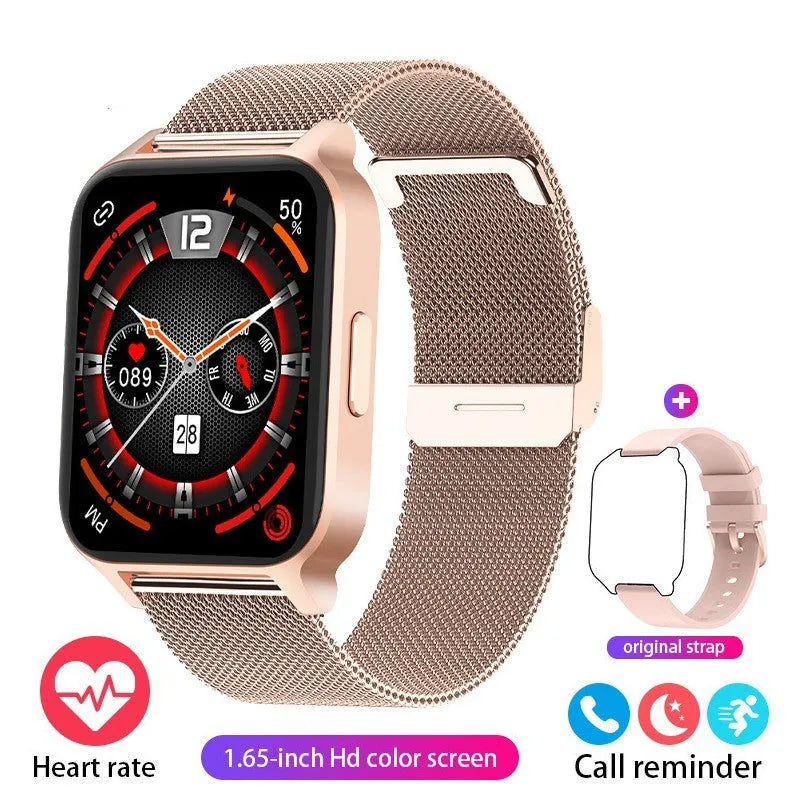 Smart health watch with colour screen on a black mesh strap, showing display with health metrics.