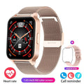 Smart health watch with colour screen on a black mesh strap, showing display with health metrics.