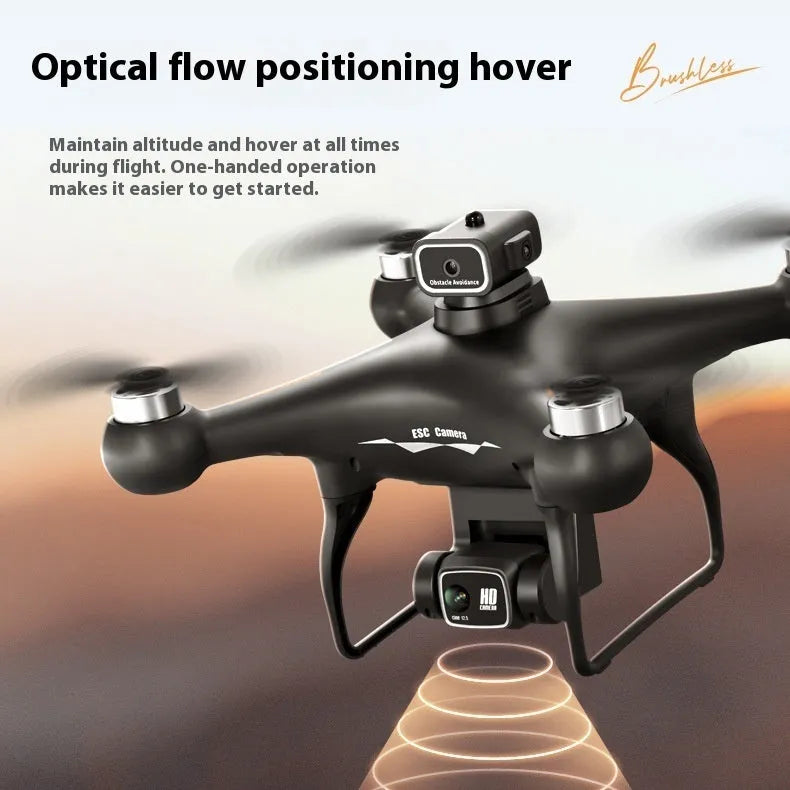 Black HD brushless motor UAV drone with four-side obstacle avoidance and camera, remote control beside it.