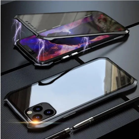 Magnetic glass back cover case for iPhone 11 series in black, blue, red, and silver colours with metal frame
