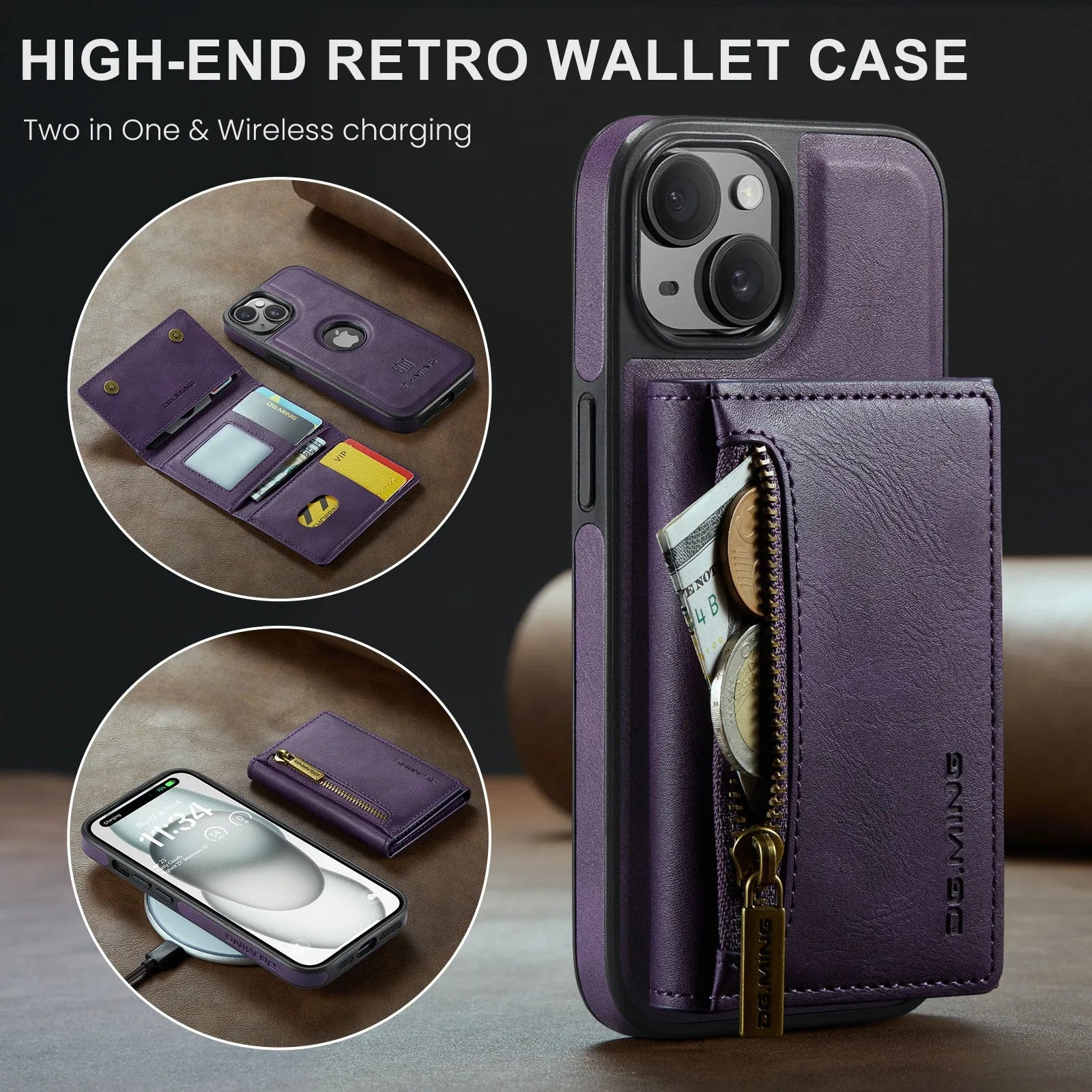 Plastic magnetic wallet phone case with card holder in retro handmade style for iPhone