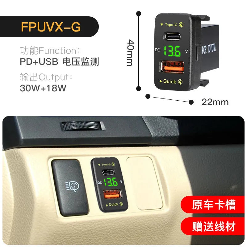 48W QC3.0 car charger with LED, 12V/24V input, available in blue, green or red, sizes 33x23mm or 40x22mm, CE ROHS certified.