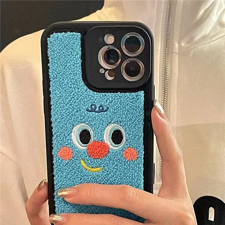 Blue silicone phone case with towel embroidered texture for iPhone, showing rear and side view