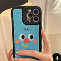Blue silicone phone case with towel embroidered texture for iPhone, showing rear and side view