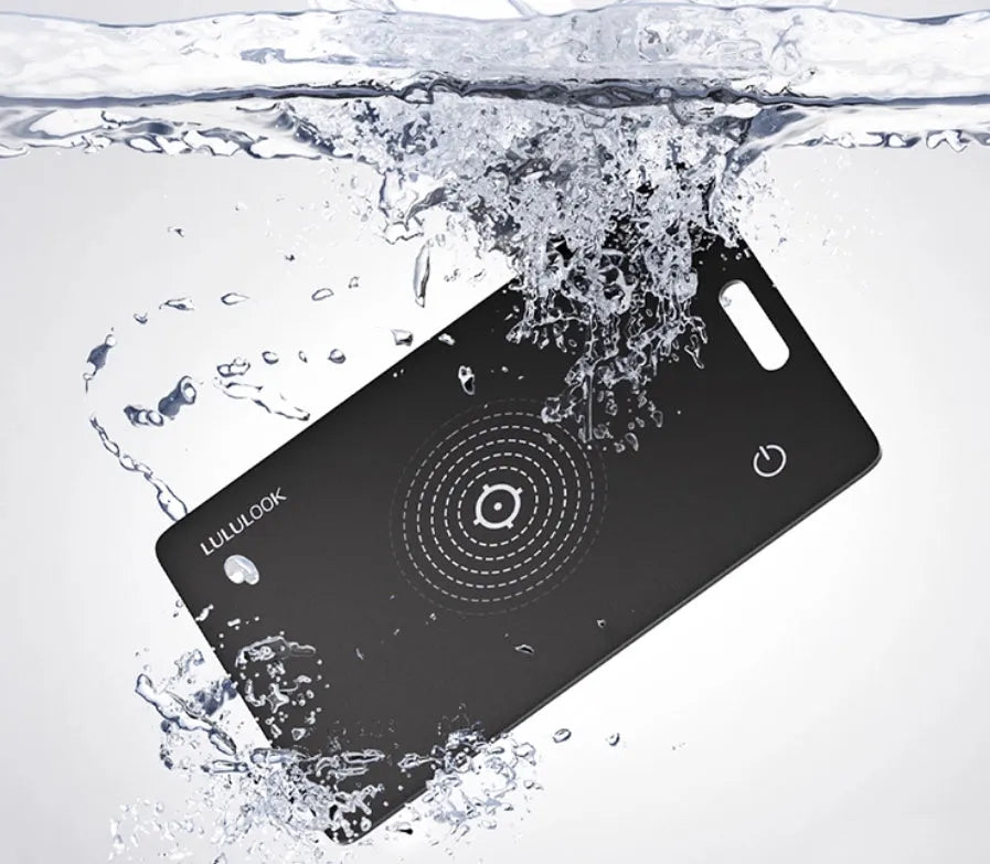 Black anti-loss locator card 5.3x8.5cm with IP68 waterproof rating and hanging rope