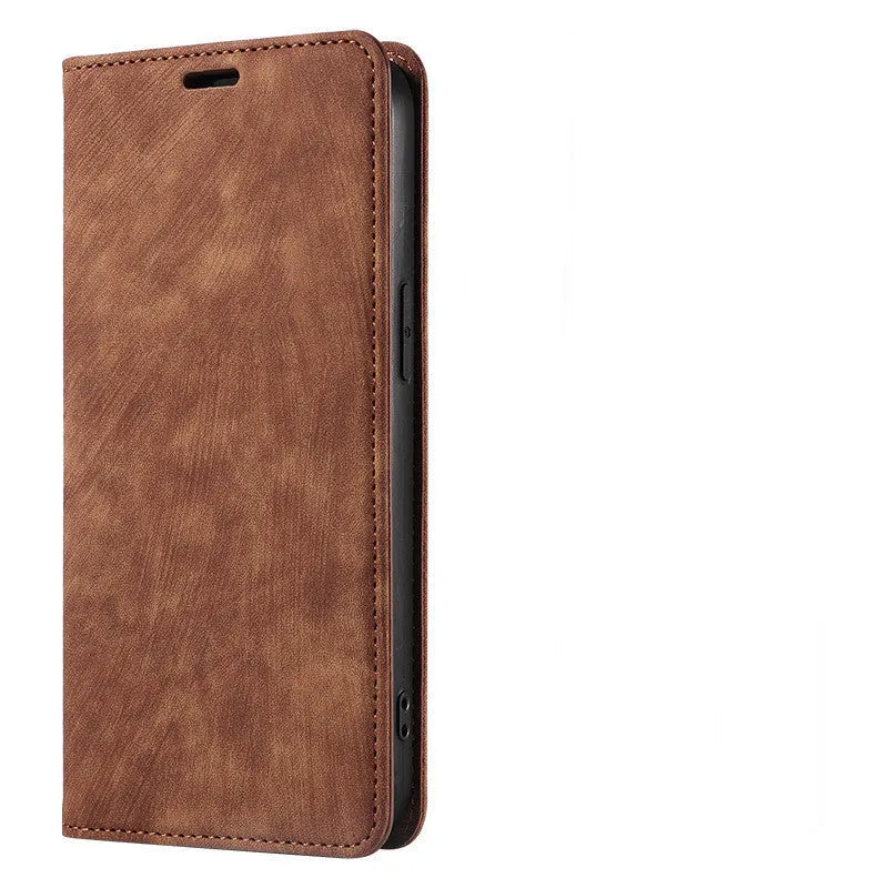 Magnetic flip phone case for iPhone shown closed, displaying the leather front cover and magnetic closure in grey.
