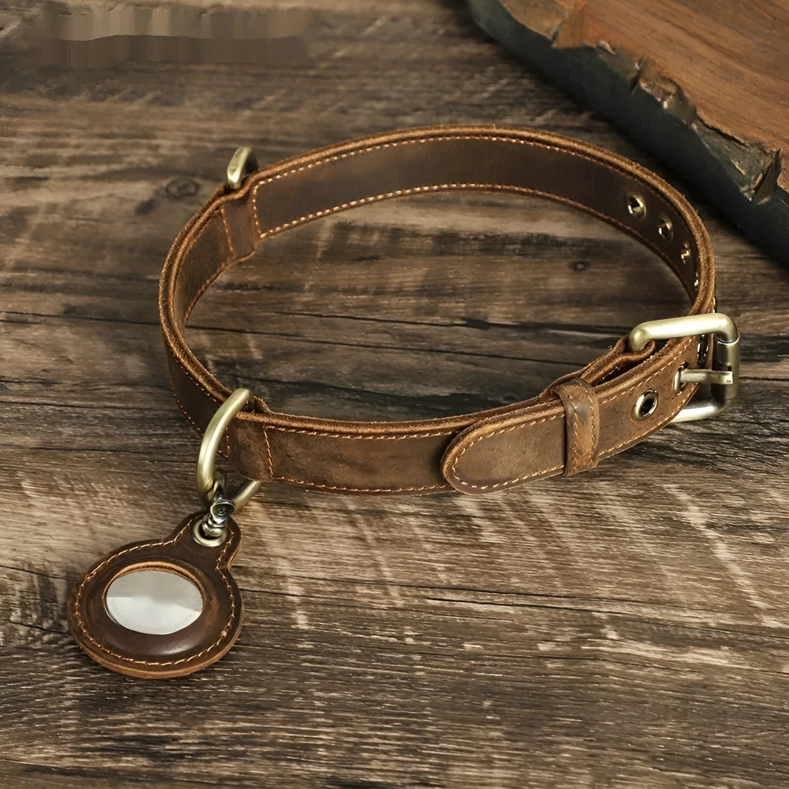 Brown retro-style genuine leather dog collar with handmade cowhide construction and halter positioning