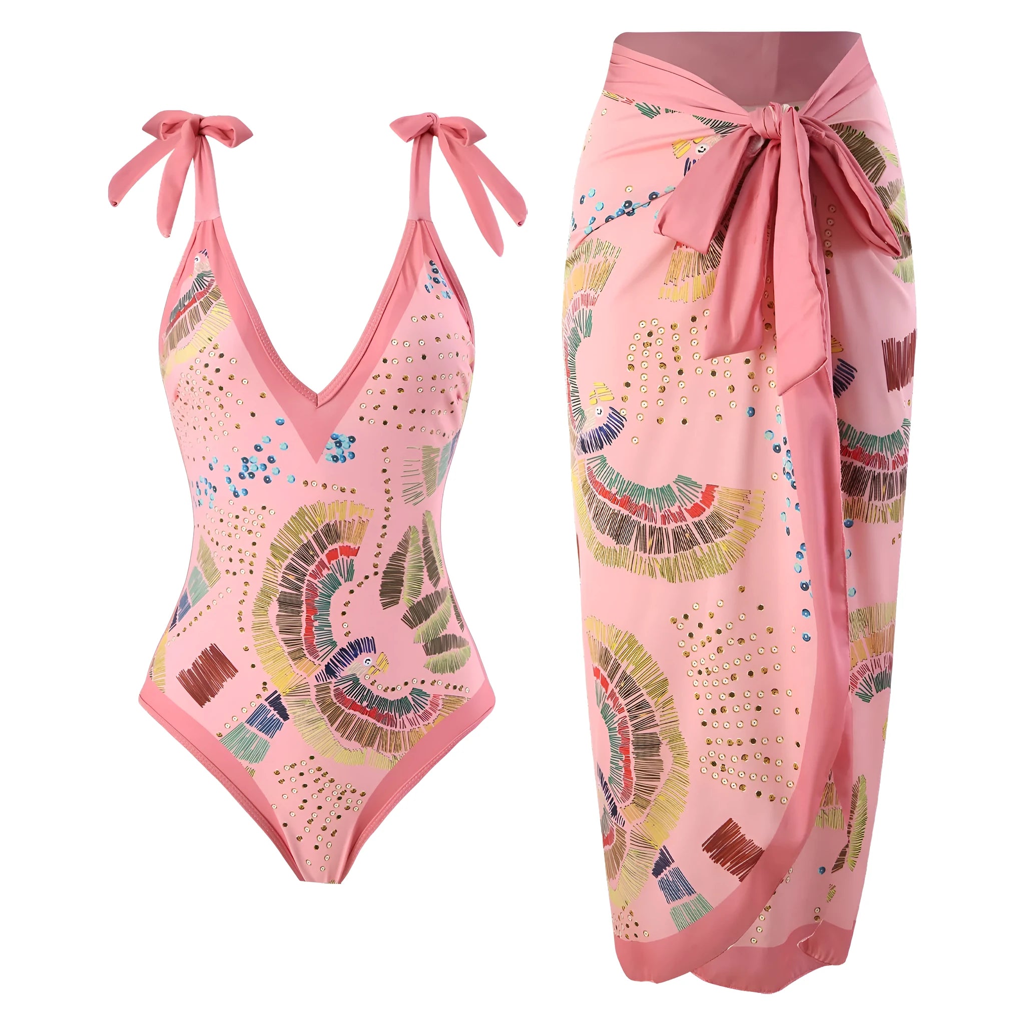 Blue and pink French retro one-piece swimsuit sets with matching gauze skirts for beach and pool.