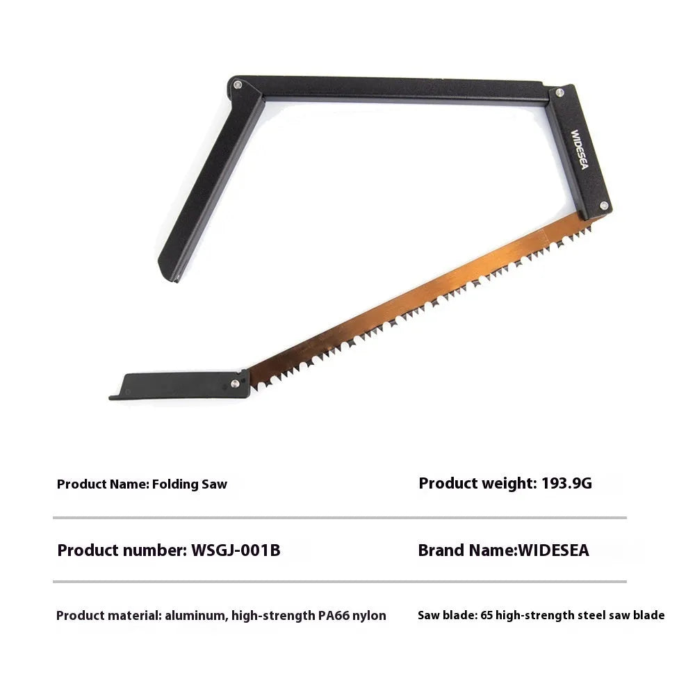 Black foldable outdoor saw with aluminium frame and nylon handle, blade folded for storage.