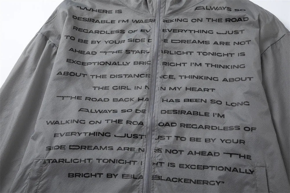 Men's lightweight nylon sun protection jacket with letter print, available in grey or black, sizes M to XXL
