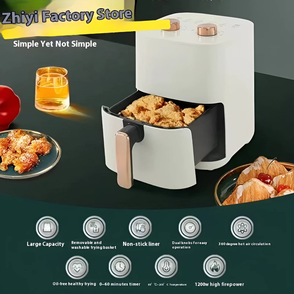 Chigo large capacity air fryer in stainless steel, 4L-5L, with EU plug and colour options, 32.5x32x30cm.