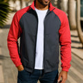 Men's loose fit casual jacket with stand collar and raglan sleeves in red, khaki, or green.
