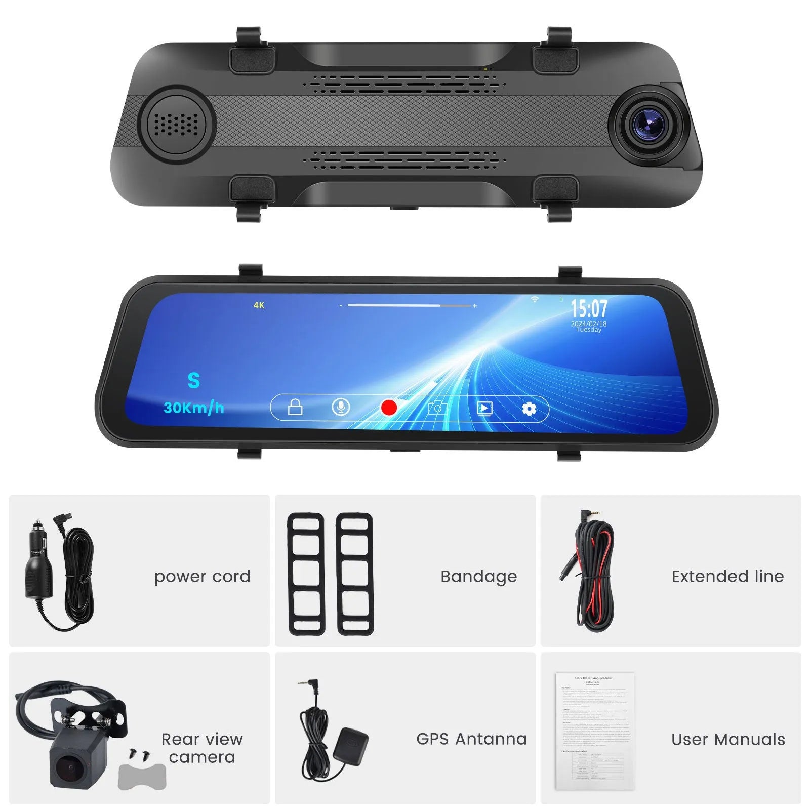 9.66 inch streaming media rear view mirror dash cam with dual cameras and touch screen display