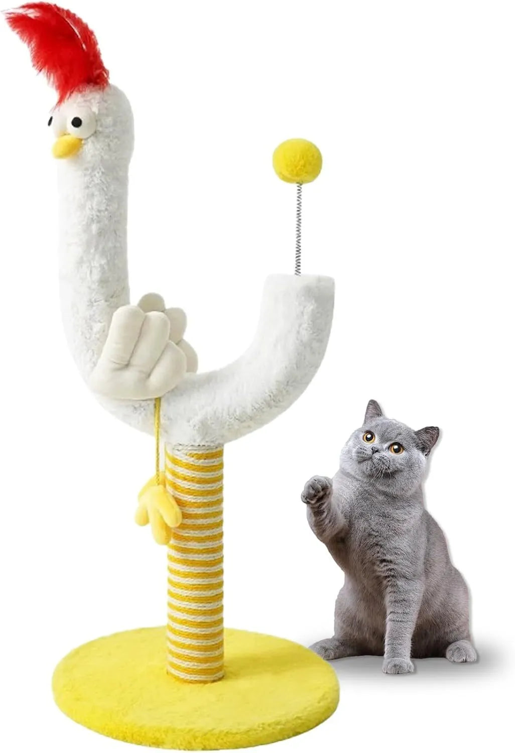 Tall sisal rope cat scratching post with a curved surface and a spring ball on top