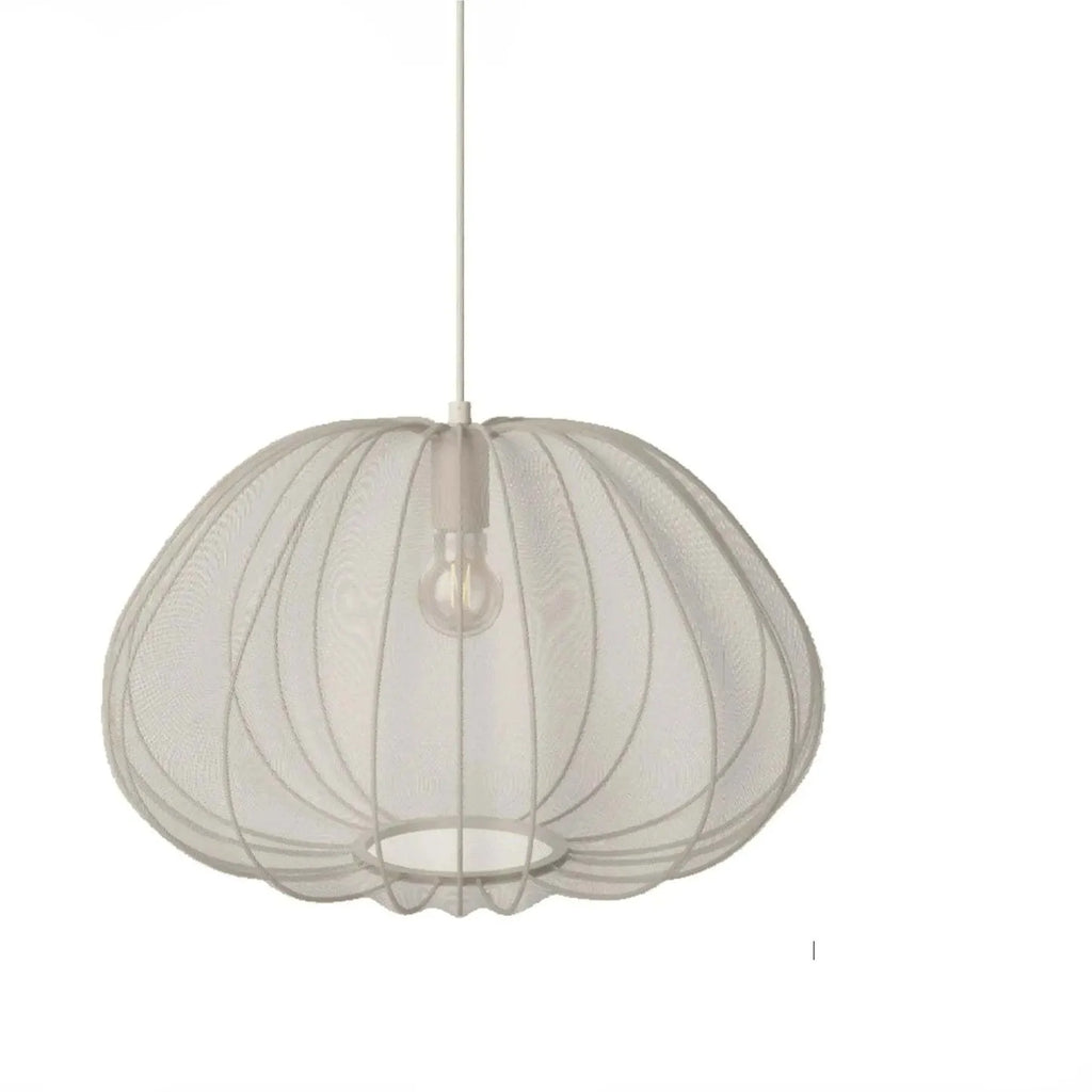 Japanese-style branching pendant lamp with a net pumpkin shade in grey blue.