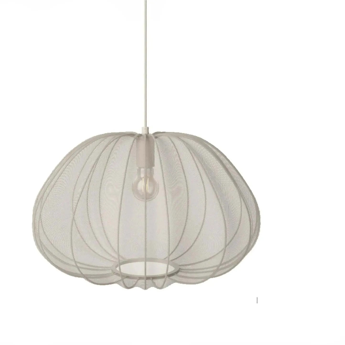 Japanese-style branching pendant lamp with a net pumpkin shade in grey blue.