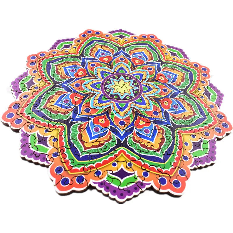 Mandala irregular wooden puzzle pieces with colour box packaging, available in A3 A4 A5 sizes