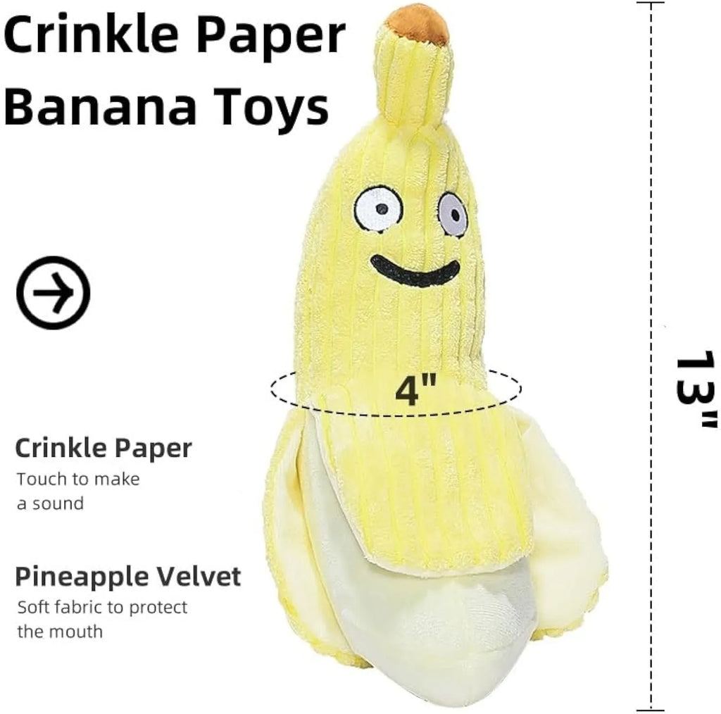 Yellow banana-shaped cat toy with textured surface measuring 13 inches long