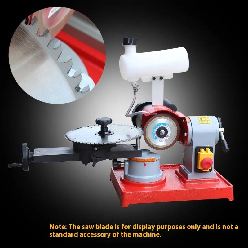 Xiao Mo Wang manual sharpedge grinding machine for alloy circular saw blades on a workbench.