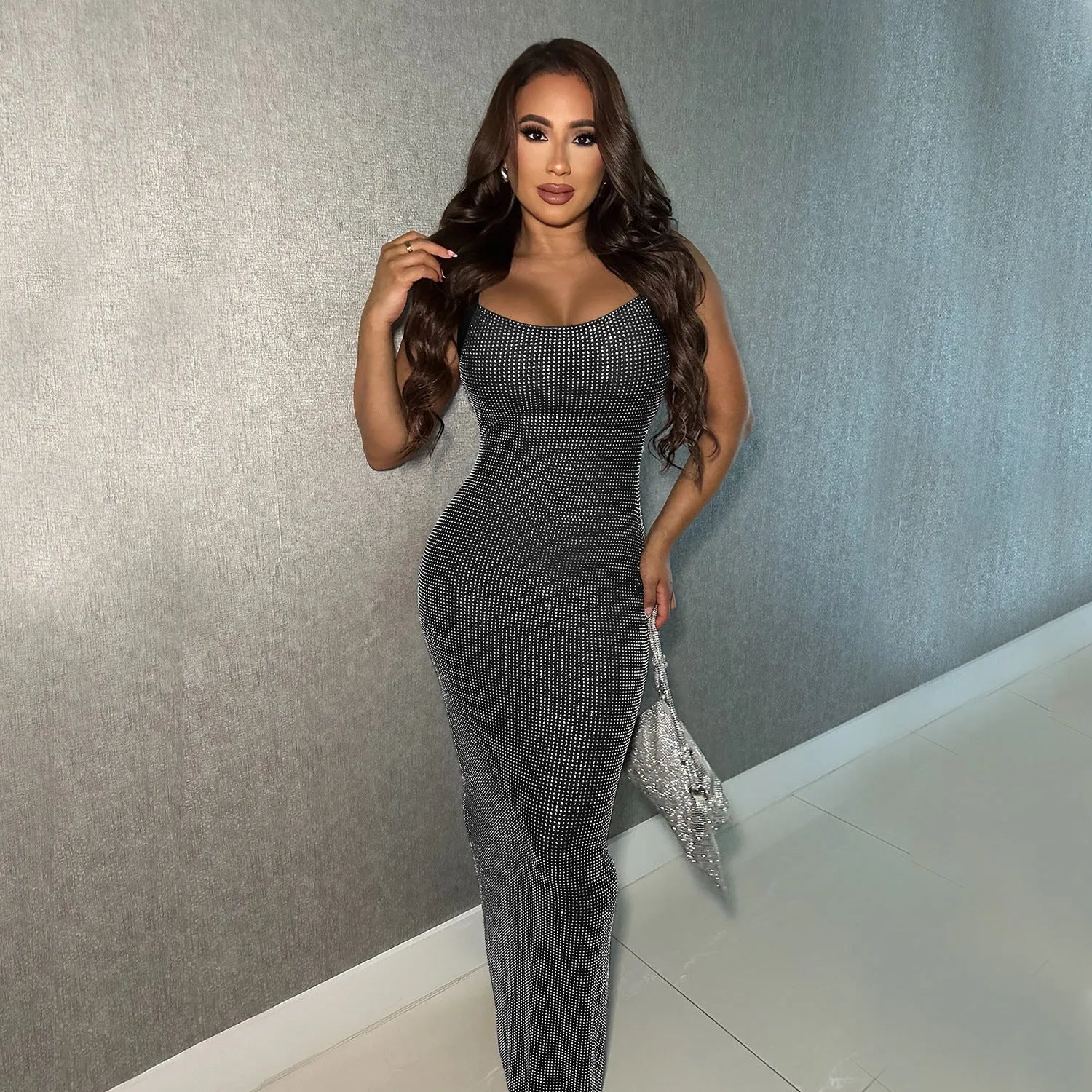 Wear Sexy mesh backless bodycon dress with hot drilling details, long skirt, black colour