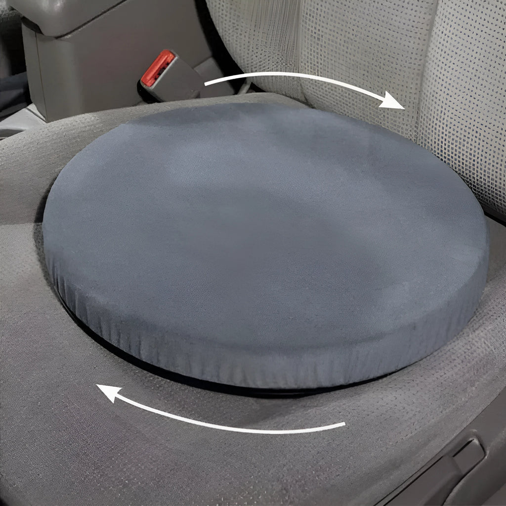 Car seat cushion with 360-degree rotating base on a short plush cloth cover.