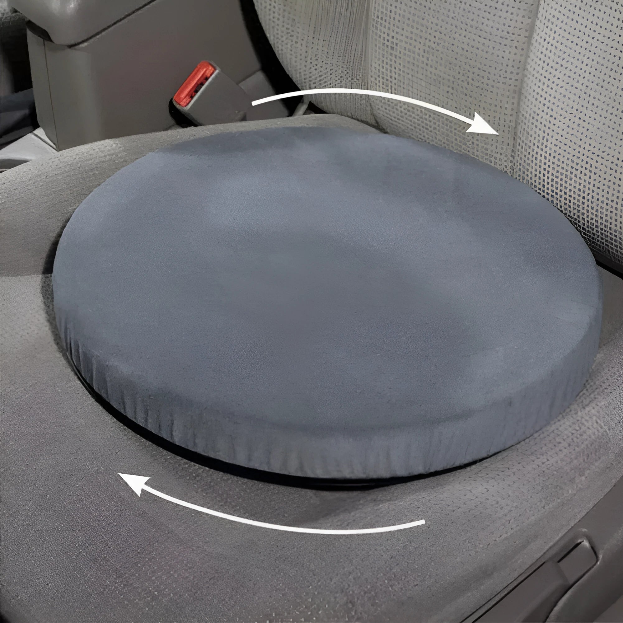 Car seat cushion with 360-degree rotating base on a short plush cloth cover.