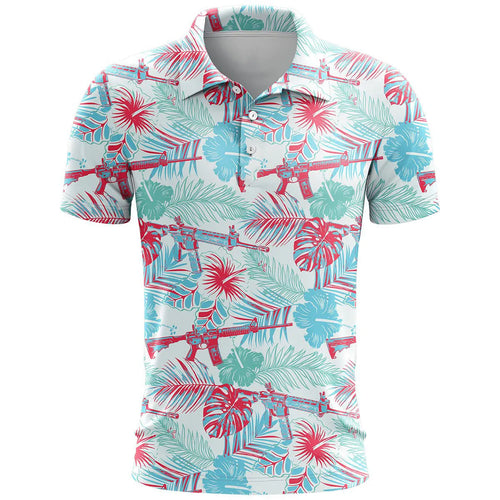 Loose-fit 3D printed short sleeve sports top in bird eye cloth polyester on a hanger.