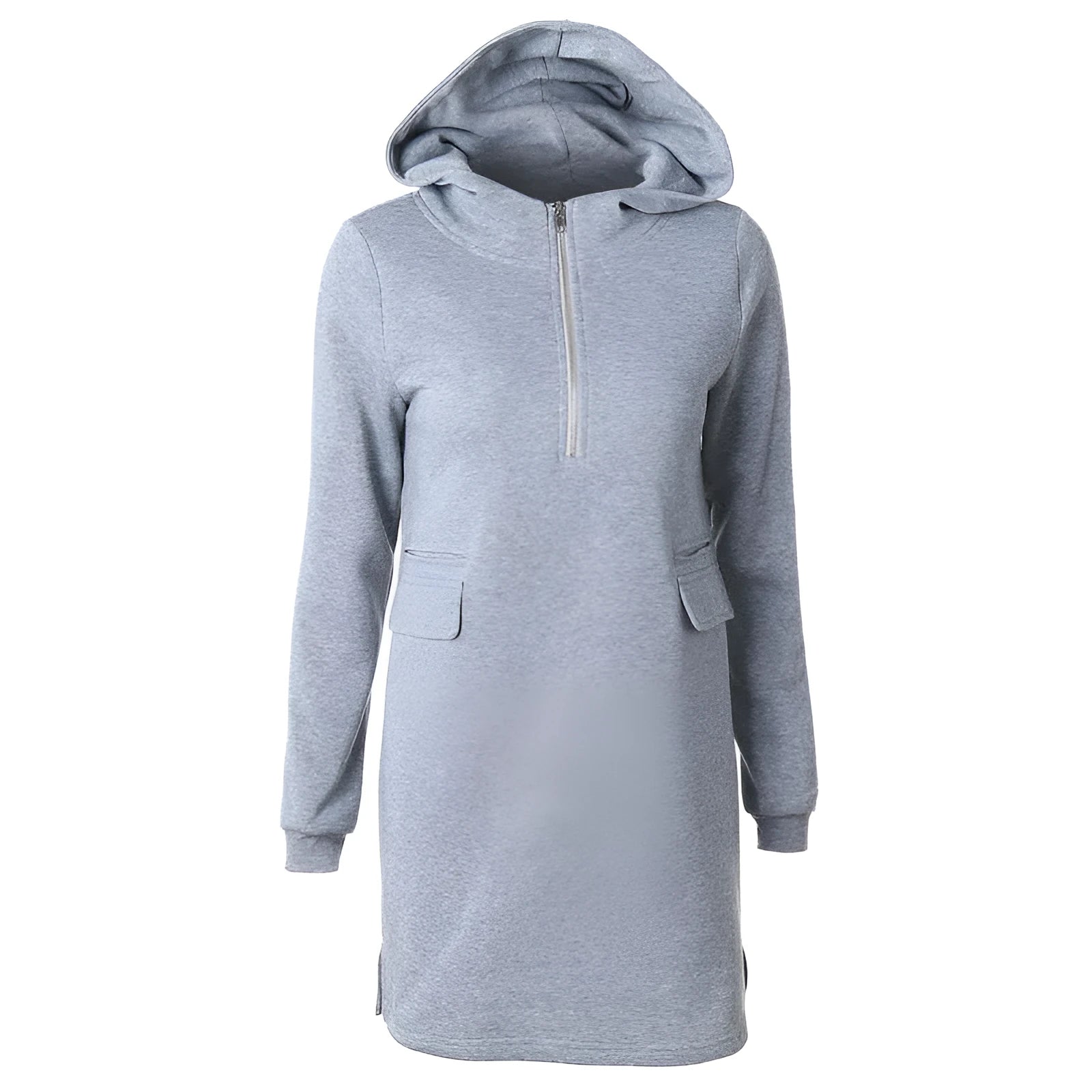 Women's hooded pullover sweatshirt dress in solid colour, slim fit, long sleeves, available in black grey navy blue sizes S to 2XL