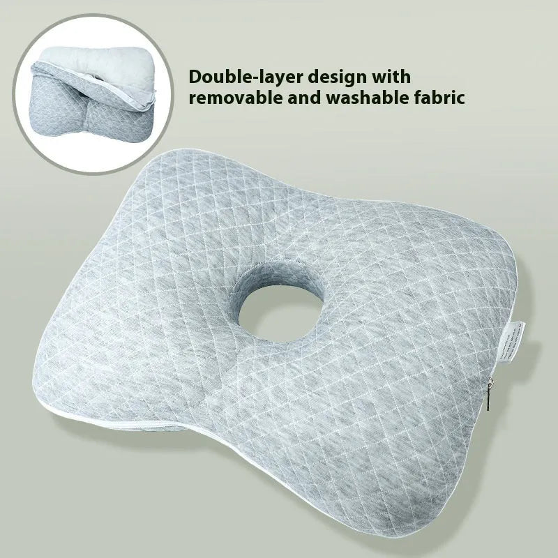 Beauty salon single hole ear pillow with detachable cover in grey, shown next to a towel.